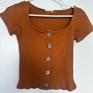 Brown Ribbed Button-Up Top